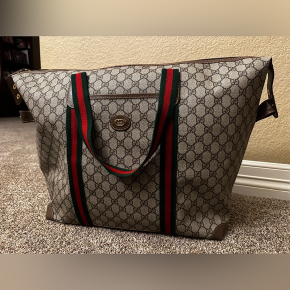 LARGE VINTAGE GUCCI WEB SHERRY LINE GG TOTE, Ophidia, Classic Green & Red - Picture 1 of 10